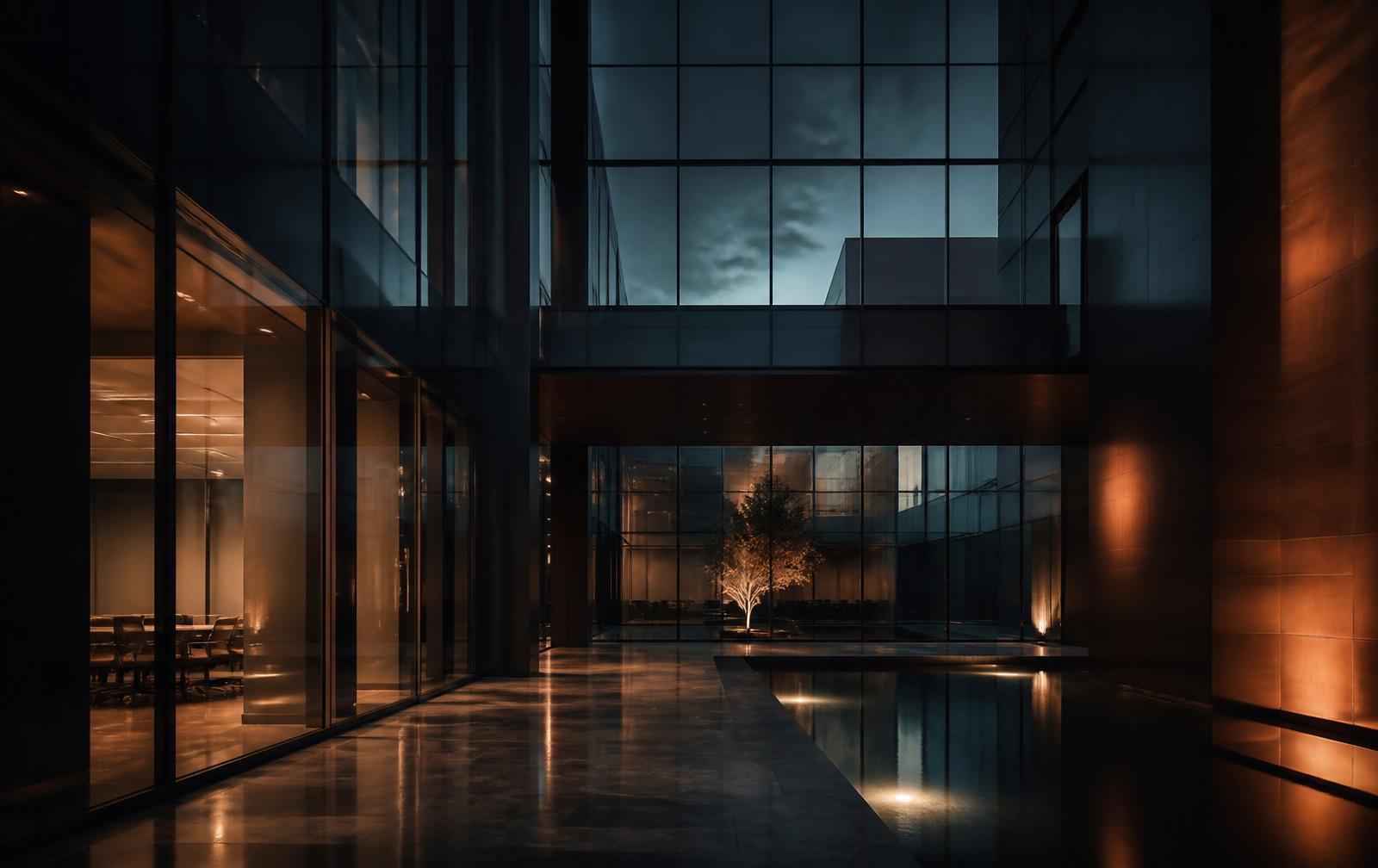 Corporate atrium at dusk in petrol and copper light